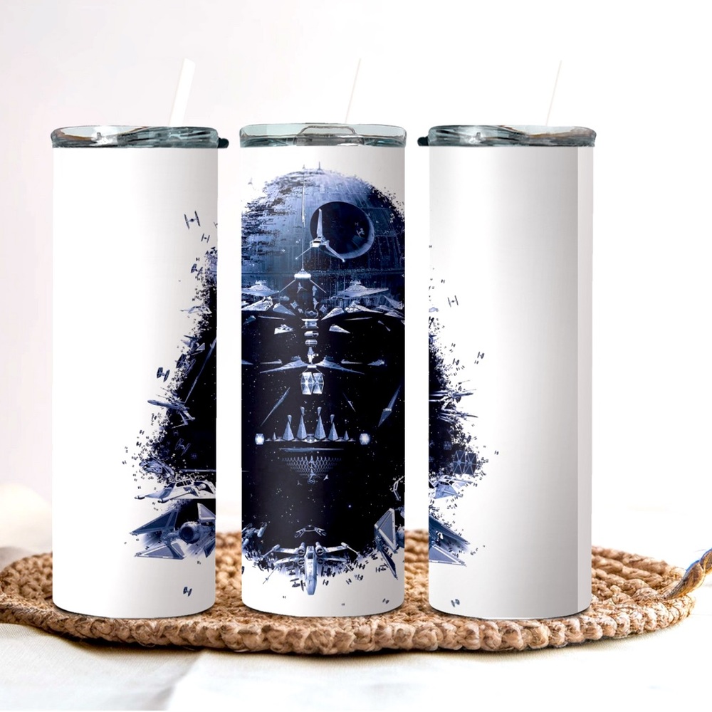 Darth Vader inspired stainless steel tumbler with lid and straw.